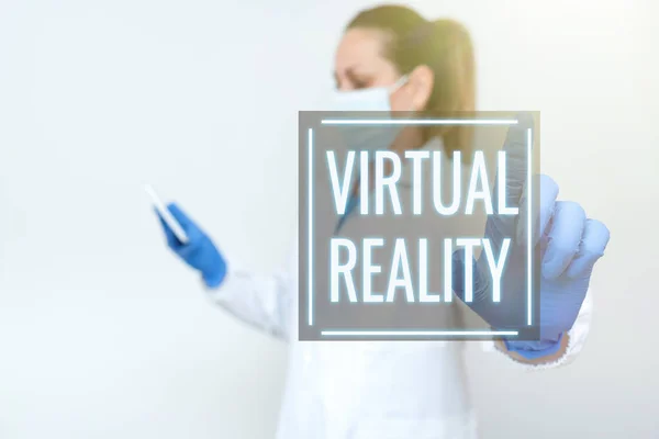 Texto que muestra inspiración Realidad Virtual. Concepto de Internet un entorno artificial que se crea con software Demostración de la tecnología médica Presentando el nuevo descubrimiento científico —  Fotos de Stock