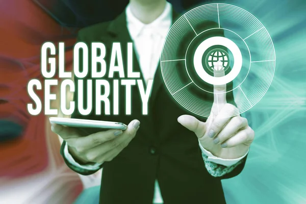 Inspiration showing sign Global Security. Internet Concept protection of the world against war and other threats Lady In Uniform Holding Phone Pressing Virtual Button Futuristic Technology.