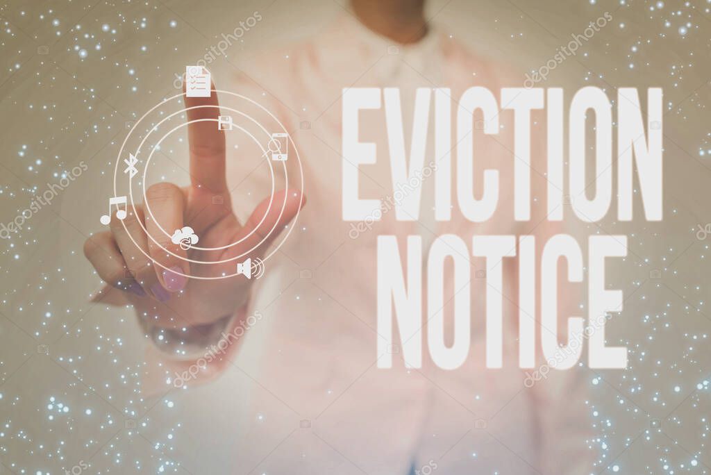 Sign displaying Eviction Notice. Business approach an advance notice that someone must leave a property Lady In Uniform Holding Tablet In Hand Virtually Tapping Futuristic Tech.