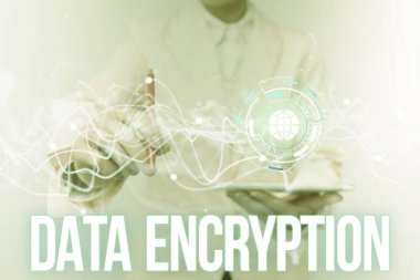 Inspiration showing sign Data Encryption. Business idea Symmetrickey algorithm for the encrypting electronic data Lady In Uniform Using Futuristic Mobile Holographic Display Screen. clipart