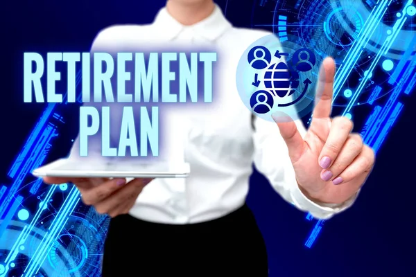 Writing displaying text Retirement Plan. Business concept saving money in order to use it when you quit working Lady In Uniform Holding Phone Virtual Press Button Futuristic Technology. — Stock Photo, Image