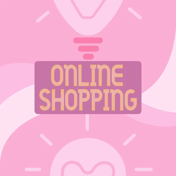 Tekst pokazujący inspirację Zakupy online. Słowo na pozwala konsumentom kupić swoje towary przez Internet świecące żarówki rysunku Wyświetlanie świeżych odkryć. — Zdjęcie stockowe