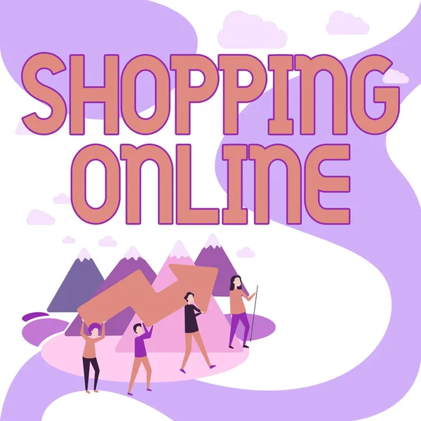 Segno di scrittura a mano Shopping Online. Business concept acquisto si desidera attraverso il sito internet poi consegnarlo Quattro colleghi Illustrazione Arrampicata Montagna Holding Freccia Grande. — Foto Stock