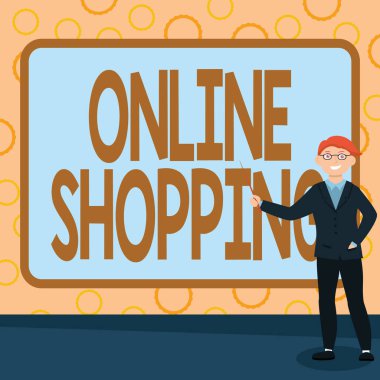 Çevrimiçi Alışveriş 'i gösteren metin işareti. Tüketicilerin mallarını İnternet Soyut Profesör Verme, Açıklama ve Raporlama Konsepti üzerinden satın almalarına olanak sağlıyor.