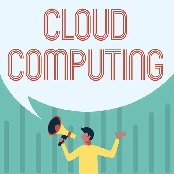 Ručně psané znamení Cloud Computing. Internet Concept používat síť vzdálených serverů hostovaných na internetu Man Drawing Holding Megaphone s Big Speech Bubble zobrazování zpráv. — Stock fotografie