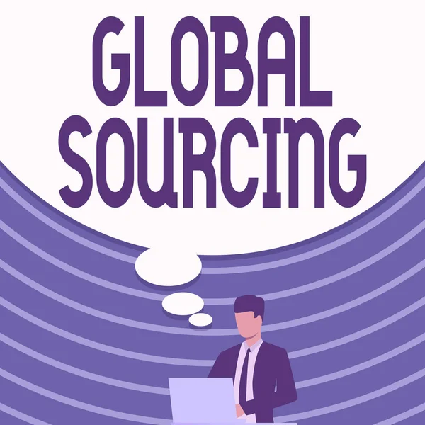 Visualización conceptual Global Sourcing. Práctica de enfoque de negocio de abastecimiento del mercado global de bienes Empresario en traje de dibujo utilizando el ordenador portátil con gran burbuja de ideas. — Foto de Stock