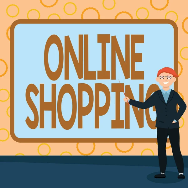 Znak tekstowy pokazujący zakupy online. Słowo na pozwala konsumentom na zakup swoich towarów przez Internet Abstrakcyjny Profesor Wygłaszanie wykładów, Wyjaśnienie i Koncepcja raportowania — Zdjęcie stockowe