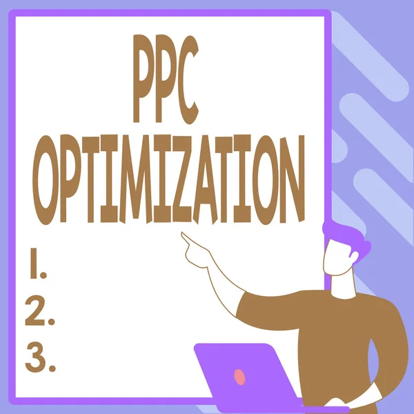 Textová značka zobrazující optimalizaci PPC. Koncepce znamená Vylepšení platformy pro vyhledávače pro platy za kliknutí Vytvoření nového počítačového systému, Vyplnění on-line dokumentace — Stock fotografie