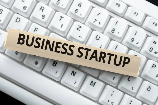 Skriv på och visa Business Startup. Affärsidé Att starta ett nytt handelsföretag Färskt företag Sammanfattning Svar på Online Meddelande, Skriva och skicka Internetbrev — Stockfoto