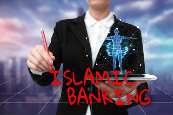 Scrivere visualizzando testo Bancario Islamico. Business concept Sistema bancario basato sui principi del diritto islamico Lady In Uniform Standing Holding Tablet Typing Futuristic Technologies. — Foto Stock