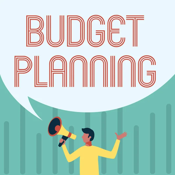 Handschrift tekst Budget Planning. Word Written on The written description about current and future expenses Man Drawing Holding Megaphone With Big Speech Bubble Showing Message. — Stockfoto