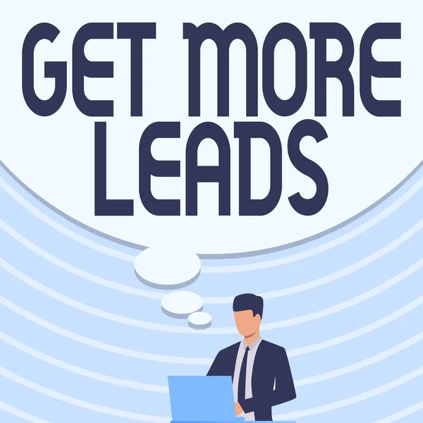 Konzeptionelle Bildunterschrift: Get More Leads. Unternehmensübersicht Initiierung Verbraucherinteresse oder Anfrage Produkte oder Dienstleistungen Geschäftsmann in Anzug Zeichnung mit Laptop mit großer Ideenblase. — Stockfoto