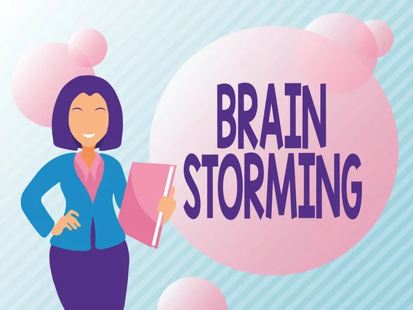 Textskylt som visar Brain Storming. Business showcase Stimulera kreativt tänkande Utveckla nya idéer Diskutera viktiga nyheter, förklara och rapportera koncept — Stockfoto