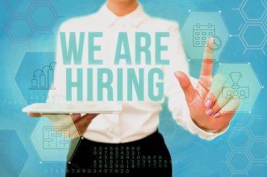 Kiraladığımız kavramsal görüntü. Son zamanlarda birini işe aldığınızda ya da özel bir iş için birine para verdiğinizde Üniformalı Kadın Telefon Sanal Basın Düğmesi Futuristik Teknolojisi.