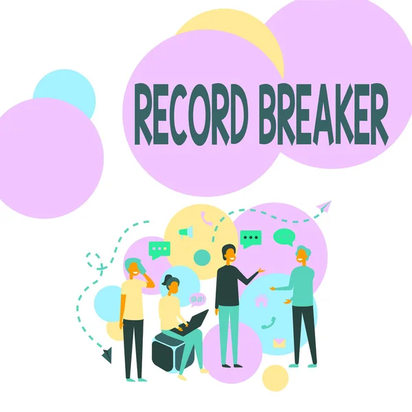 Fogalmi képaláírás Record Breaker. Üzleti ötlet valaki vagy valami, ami legyőzi a korábbi legjobb eredményt Négy kolléga Illusztráció Beszélgetések ötletelése Új ötletek. — Stock Fotó