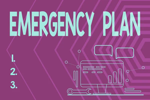 Texte manuscrit Plan d'urgence. Mot écrit sur les procédures d'intervention en cas d'urgence majeure Soyez prêt Concept d'entretien et de réparation d'ordinateurs, Résumé Technologie des communications — Photo