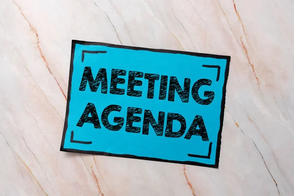 Tekst bijschrift met de agenda van de vergadering. Business idee Een agenda stelt duidelijke verwachtingen voor wat nodig is voor een meeting Nieuwe ideeën Fris concept Creatieve communicatie Productieve mindset — Stockfoto