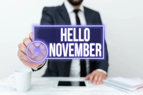 Inspiration zeigt Zeichen Hallo November. Konzeptfoto Willkommen im elften Monat des Jahres Monat vor Dezember Präsentation der Kommunikationstechnologie Smartphone Voice And Video Calling — Stockfoto