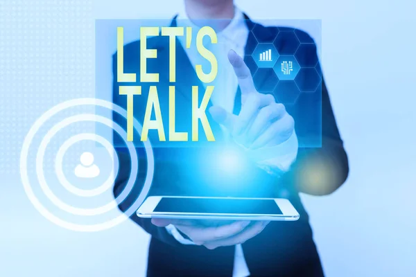 Text caption presenting Let S Talk. Business concept they are suggesting beginning conversation on specific topic Woman In Uniform Holding Mobile Phone Showing Futuristic Virtual Icons — Stock Photo, Image