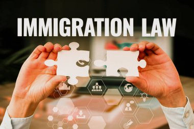 Metin Göçmenlik Yasası gösterimi yazılıyor. Ulusal kavramsal fotoğraf ulusal tüzüğü ve Göçmenlik İşletme Kadınını yöneten yasal emsaller Yeni Geleceğin Teknolojisini Açığa Çıkaran Yapboz Parçası Tutuyor.