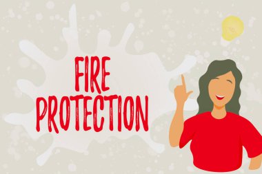 Metin Ateş Koruma gösterimi yazılıyor. Yangının yıkıcı Bayan İllüstrasyon Keşfi 'nin Konuşma Baloncuklu Yeni Fikir Lambası olmasını önlemek için alınan kavramsal fotoğraf tedbirleri.