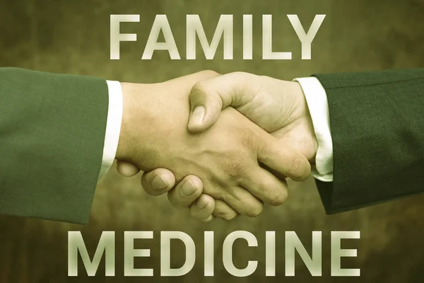 Inspiration showing sign Family Medicine. Business overview designed to provide basic healthcare to family members Two Professional Well-Dressed Corporate Businessmen Handshake Indoors — Stock Photo, Image