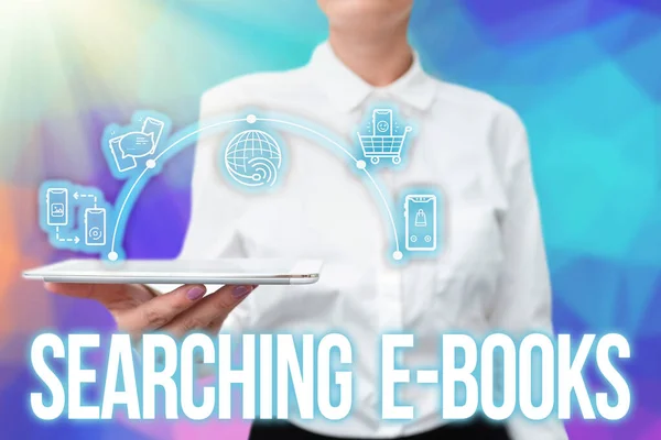 Inspiration showing sign Searching E Books. Concept meaning looking for an electronic form of educational material Lady Uniform Standing Tablet Hand Presenting Virtual Modern Technology — Stock Photo, Image