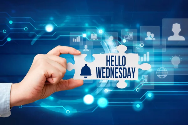 수요일에 문자가 왔어요. Business overview Hump day Middle of the working week of the calendar Hand Holding Jigsaw Puzzle Piece Unlocking New Futuristic Technologies. — 스톡 사진