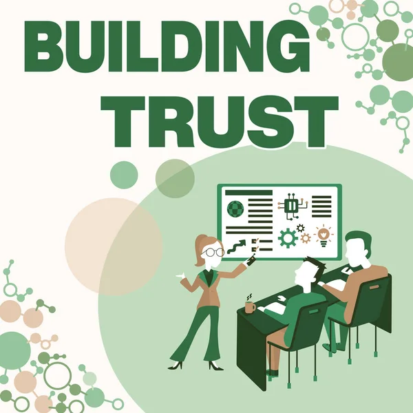 Building Trustの表示に署名します。効果的に働くために示すことと働くこととの間の新たな信頼の活動を意味する概念報告書のコンセプト、事業状況の報告 — ストック写真