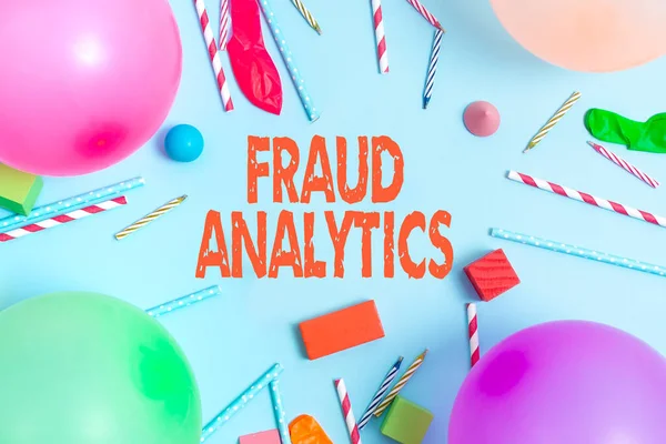 Signes d'écriture Fraud Analytics. Mot pour l'identification de la fraude réelle ou prévue à avoir lieu Colorful Birthday Party Designs Bright Celebration Planning Ideas — Photo