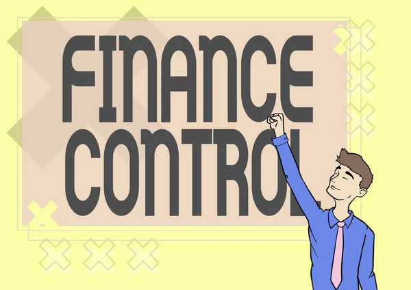Podpis koncepcyjny Kontrola finansowa. Internet Concept procedury, które są wdrażane w celu zarządzania finansami Happy Man Illustration Standing Infront Board Podnoszenie rąk do sukcesu. — Zdjęcie stockowe