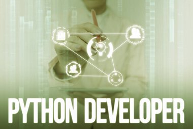 Kavramsal başlık Python Geliştirici. Sunucu tarafındaki web uygulamasının yazımından sorumlu internet kavramı Üniformalı Kadın Dokunma ve Fütürist Holografik Teknoloji Kullanımı.