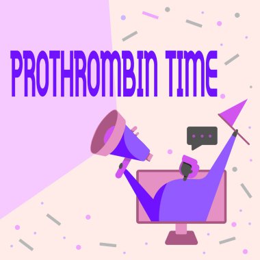 Kavramsal manşet Prothrombin Zamanı. Monitördeki Kadın Megafon ve Bayrak Çekme Kılavuzu 'nda uygun bir şekilde kan pıhtılaşması oluşturma yeteneğinizi değerlendirmek için yazılan kelime.