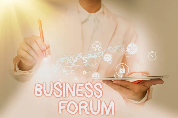 Text sign showing Business Forum. Business concept place in which showing exchange ideas and discuss issues Lady In Suit Holding Phone And Performing Futuristic Image Presentation.