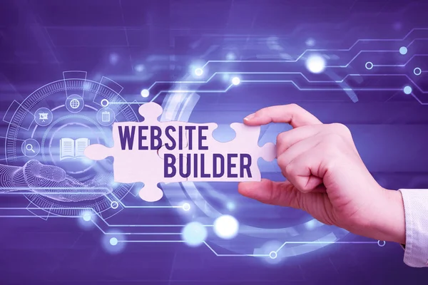 Conceptual display Website Builder. Word for construction of websites without manual code editing Hand Holding Jigsaw Puzzle Piece Unlocking New Futuristic Technologies. — Stock Photo, Image