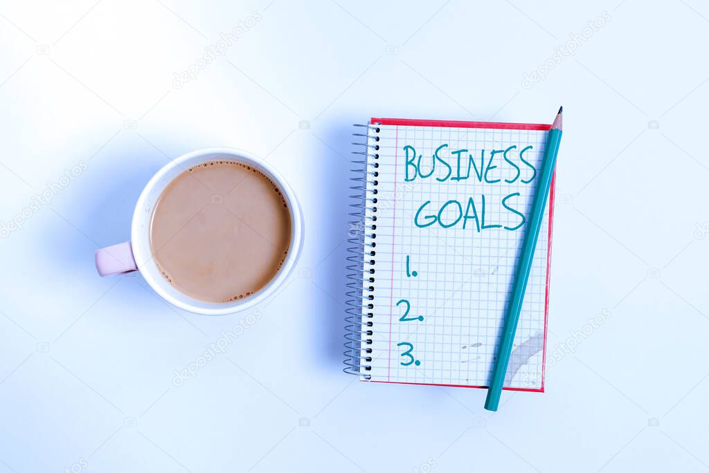 Inspiration showing sign Business Goals. Business overview company expects to accomplish over a specific period of time Display of Different Color Sticker Notes Arranged On flatlay Lay Background
