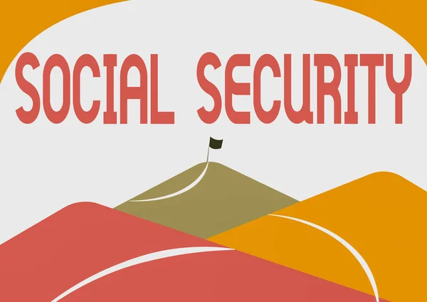 Sosyal Güvenlik kavramsal gösterimi. Devletten iş yaklaşımı desteği yetersiz ya da gelirsiz Dağ Sırası Yükseltilmiş Bayrağa Giden Yol Çizimi. — Stok fotoğraf