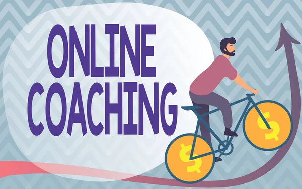 テキストを表示するオンラインコーチを書く。コーチの助けを借りて、オンラインとインターネットから概念的な写真を学ぶドル記号ホイールで自転車に乗るを描く上向きに行く. — ストック写真