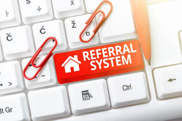 Writing displaying text Referral System. Business approach sending own patient to another physician for treatment Typing Product Title And Descriptions, Entering Important Data Codes — Stock Photo, Image