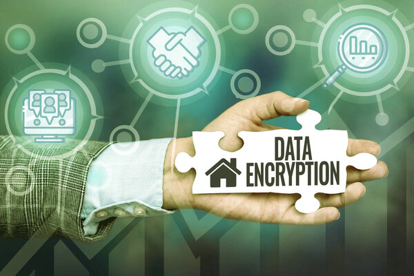 Conceptual caption Data Encryption. Conceptual photo Symmetrickey algorithm for the encrypting electronic data Hand Holding Jigsaw Puzzle Piece Unlocking New Futuristic Technologies.
