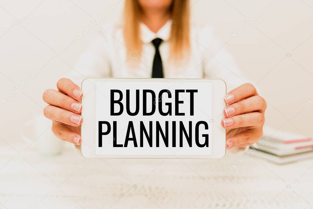 Text showing inspiration Budget Planning. Business concept The written description about current and future expenses App Developer Presenting New Program, Displaying Upgraded Device