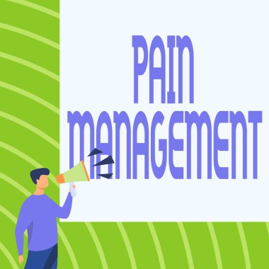 El yazısı: Ağrı Yönetimi. Kavramsal fotoğraf disiplinler arası bir yaklaşımı kullanan bir tıp dalı. Megafonla Konuşan İşadamı Yeni Duyurular Yapıyor..