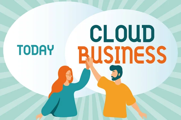 Konceptvisning Cloud Business. Ord för datorer som bygger på delade datorresurser Happy Colleagues Illustration som ger höga femmor till varandra. — Stockfoto
