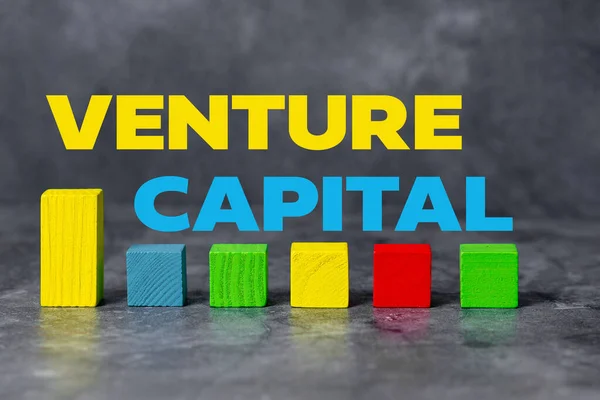 Inspirace ukazuje znamení Venture Capital. Internet Koncepce kapitál investovaný do projektu, v němž existuje riziko Stack of Sample Cube obdélníkové krabice na povrchu leštěné s vícebarevným — Stock fotografie