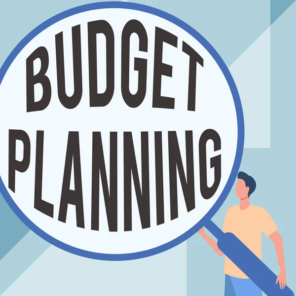 Text showing inspiration Budget Planning. Word for The written description about current and future expenses Gentleman Drawing Standing Holding Large Magnifying Glass. — Stock Photo, Image