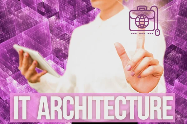 Texto de caligrafia It Architecture. Foto conceitual Arquitetura é aplicada ao processo de estrutura geral Lady In Uniform Standing Hold Phone Virtual Press Button Futuristic Tech. — Fotografia de Stock