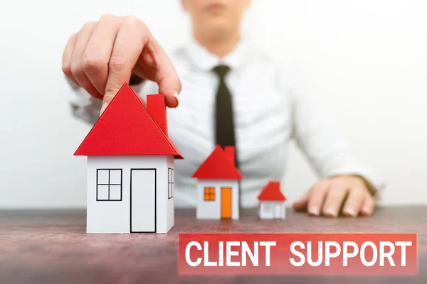 Writing displaying text Client Support. Business idea focus on helping customers to use products and services Different plans for houses represented by business woman — Stock Photo, Image
