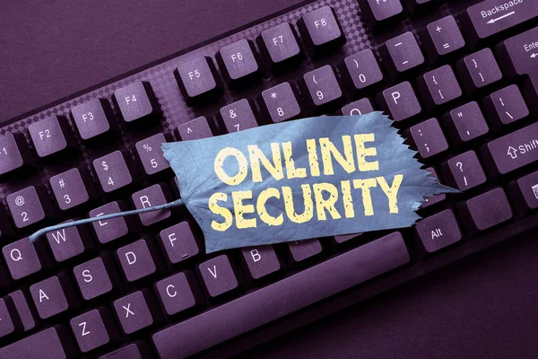 Ispirazione mostrando segno di sicurezza online. Parola Scritto su regole per la protezione contro gli attacchi su Internet Abstract Digitando New Business Slogan Messaggio, Scrivere strategie di mercato — Foto Stock