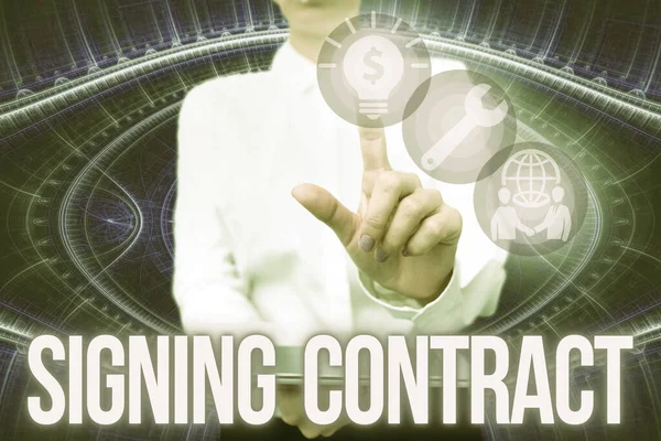 Visualización conceptual Contrato de firma. Concepto de negocio las partes firmantes del documento acuerdan los términos Lady In Uniform Holding Phone Virtual Press Button Futuristic Technology. — Foto de Stock