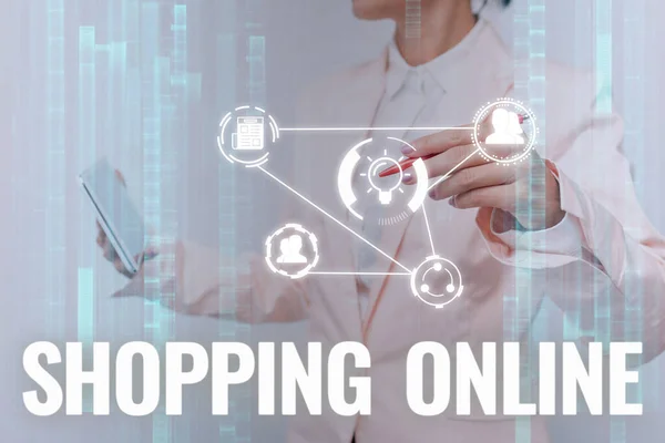 Writing displaying text Shopping Online. Business overview buying you want through internet website then deliver it Lady In Uniform Touching And Using Futuristic Holographic Technology. — Stock Photo, Image